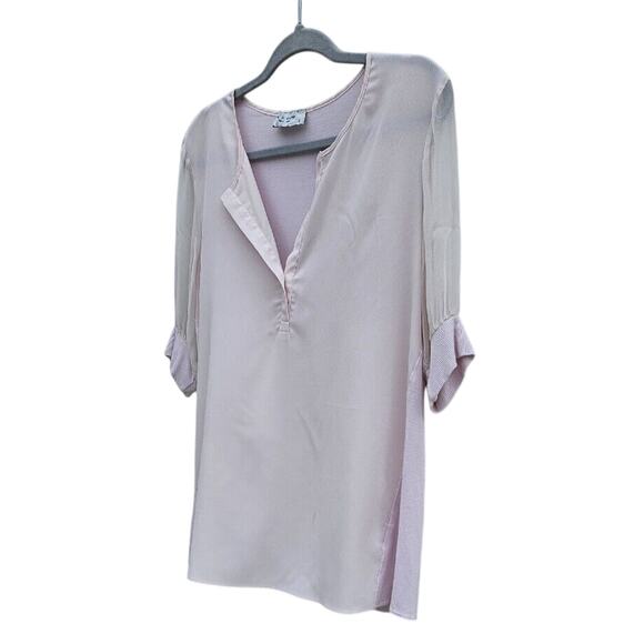 Lola & Sophie Womens 100% Silk Light Pink Top Small Sheer Ribbed Contrast Tee - Picture 2 of 9